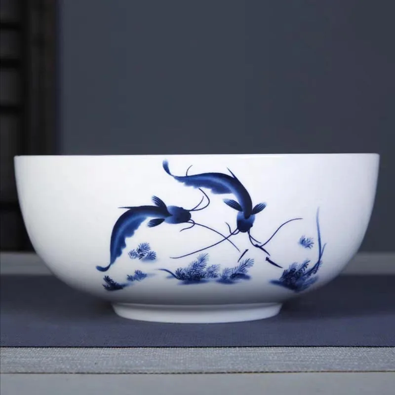 

7/8inch Big Soup Bowl Jingdezhen Ceramic Ramen Bowls Chinese Blue and White Porcelain Fruit Salad Bowl Bone china Tableware Fish