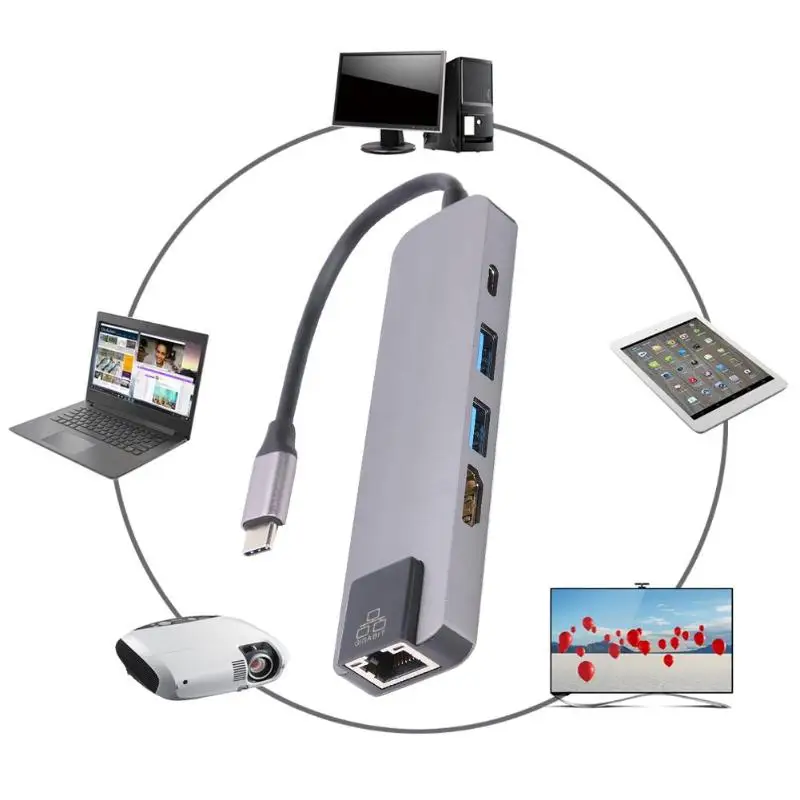 VODOOL 5 в 1 usb type-C концентратор USB-C к HDMI RJ45 USB 3,0 адаптер док-станция type C концентратор разветвитель конвертер кабель для MacBook Pro ноутбука