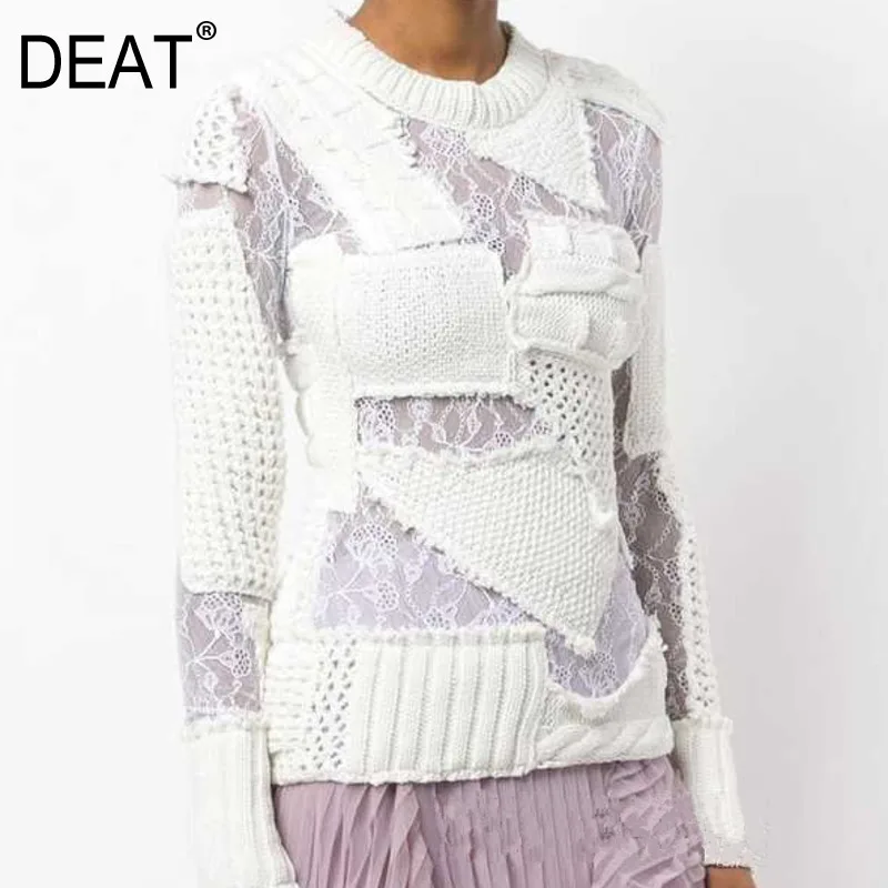 

DEAT 2019 winter Patchwork Hollow Full Sleeve Round Neck Sexy Sweatshirt Trendy Autumn Irregular Asymmetry Knitting Clothes BE22