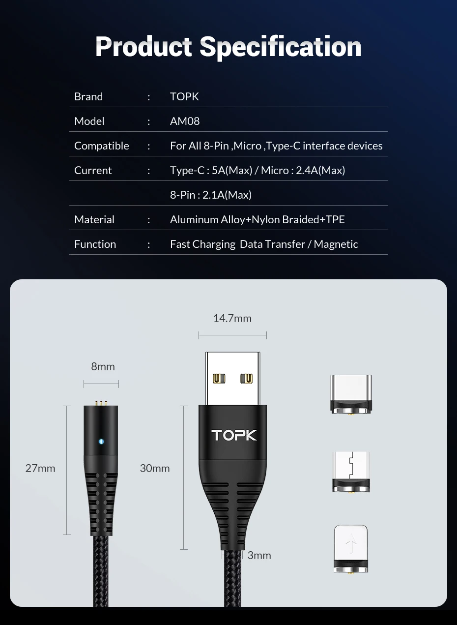 Магнитный usb-кабель TOPK для быстрой зарядки, кабель usb type-C, магнитный кабель для зарядки и передачи данных, кабель Micro usb 3A для iPhone, samsung, Xiaomi