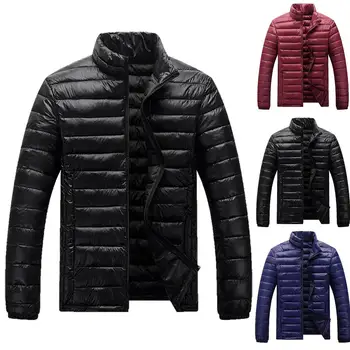 

Men Winter Solid Color Stand Collar Zip Pockets Cotton Padded Warm Down Coat Solid color winter warm down jacket for men