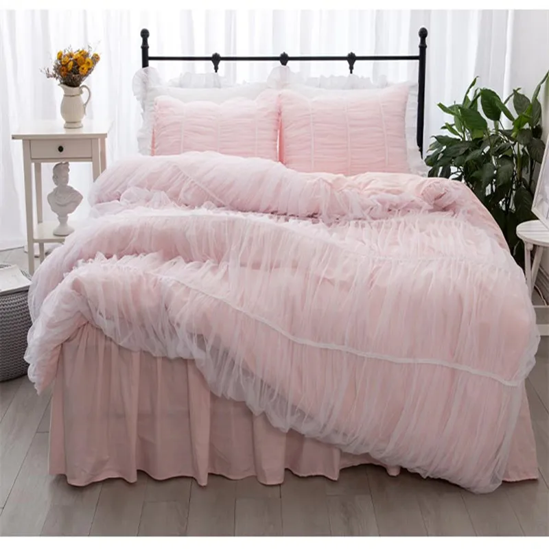 

Free shipping 100%cotton Korean princess ruffles solid color pink bedding set twin full queen king size lace yarn bed skirt YYX