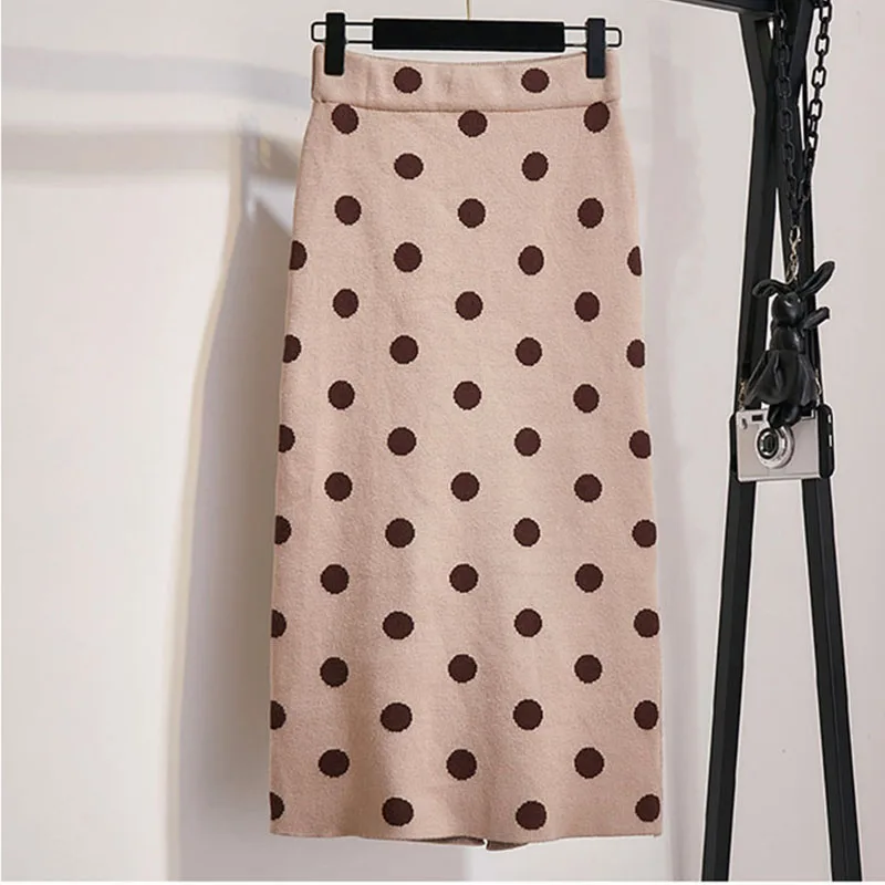Women's Polka Dot Knit Skirt Autumn Winter Female Korean High Waist Split Step Skirt Thick Knit Long Skirt Hip Skirt New ML279