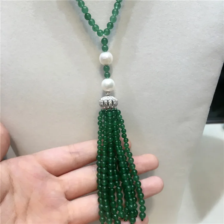 Hand knotted long natural green stone white freshwater pearl micro inlay zircon clasp tassel necklace fashion jewelry