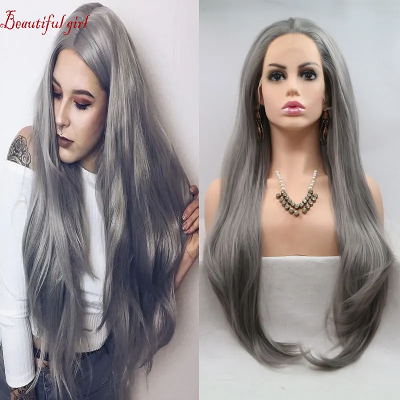 Siver Grey Natural Straight Hand Tied Synthetic 13*3 Inch Lace Front Wig Heat Resistant Fiber Free Part Hair For Women Girl Wigs