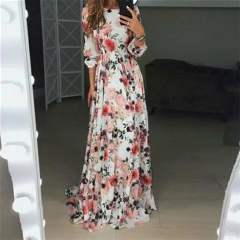 2019 Women's Boho Floral Long Dress Ladies Evening Party Beach Dresses Autumn Spring Sundress Vestito Lungo Females Hot Dress