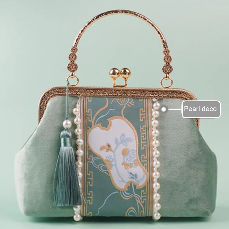 

2021 New Handmade Metal Frame Tassel Patchwork Totes Embroidery Fan Top Handle Pearl Women Hasp Bags Handbag Bags