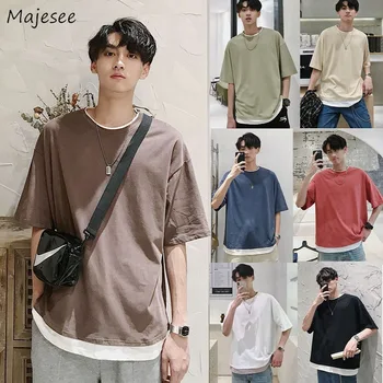 

Men 5 Quarter Sleeve Plus Size Patchwork T-shirts All-match Korean Style Harajuku Streetwear Casual New Ulzzang Daily Loose Blue