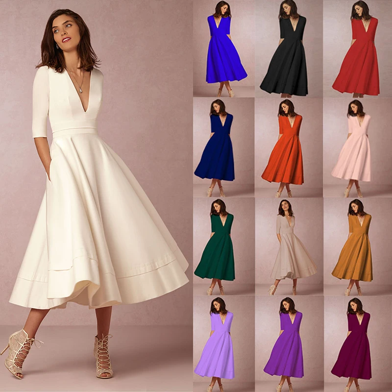

Summer Long Dress Elegant Evening Party Dresses Women Half Sleeve Solid Ladies Large Plus Size Multi Colors Woman Cloth 2019