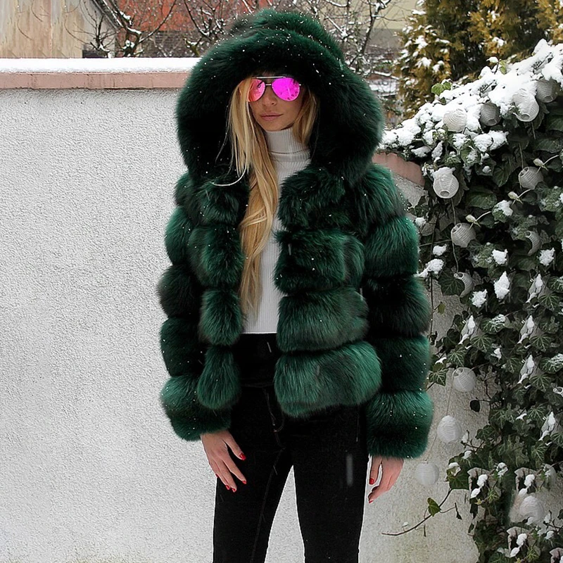 Модное зеленое пальто из натурального Лисьего меха с капюшоном для женщин, Толстая теплая куртка из натурального Лисьего меха, роскошная зимняя женская верхняя одежда
