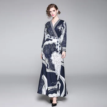 

Spring and Autumn Fashion V-neck Print Elegant Dress Casual Long Sleeve Dresses Woman Clothes