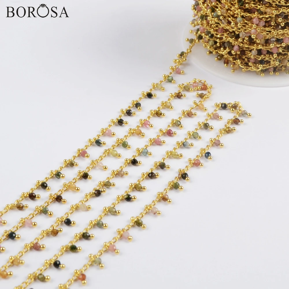 

BOROSA 3Meters Gold/Silver Plating 2mm Rainbow Natural Tourmaline Beads Faceted Brass Chains Rainbow Beaded Chain Jewelry JT259