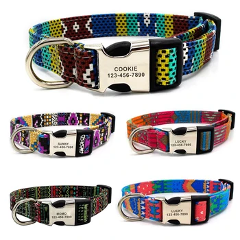 

Dog Collar Personalized Custom Bohemia Canvas Name ID Tag Adjustable Basic Collars Metal Bukcle Leads Learsh Set Pet Accessory