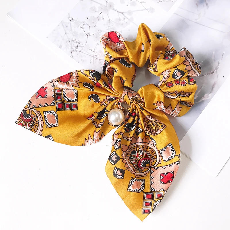 Yellow Flower Большие шифоновые резинки для волос с бантом, модные женские резинки с жемчугом и конским хвостом, резинки для волос, аксессуары для волос, головные уборы - Цвет: Yellow Flower