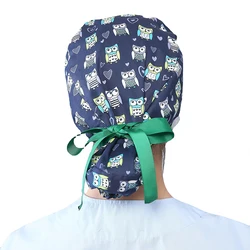 Unisex Doctor Nurse Work Hat Floral Printed with Face Cover Buttons Adjustable Beanies Beauty Dust-Proof Hat Breathable Cap
