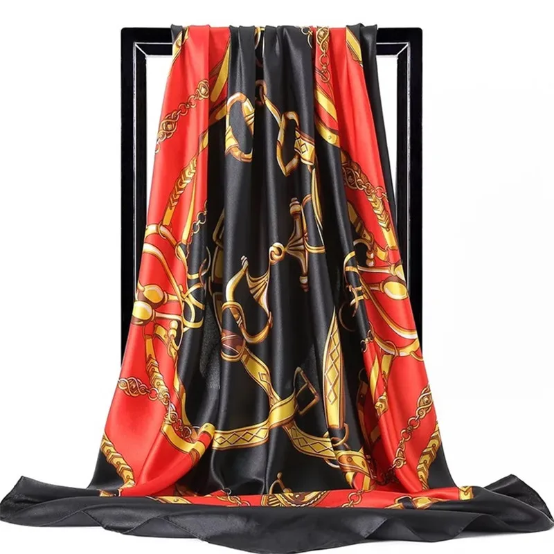 90*90cm Hijab Scarves Women Fashion Print Silk Satin Female Luxury Brand Square Shawls Head Ladies bandanna foulard muffler girl 4