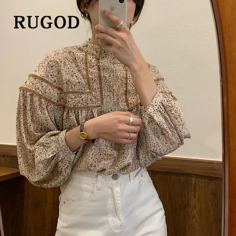 RUGOD, милая винтажная блузка, женские блузки с длинным рукавом, элегантный топ, корейская модная одежда, женские рубашки, рубашка с рукавами-фонариками