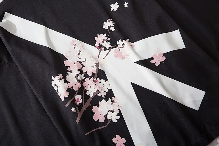 Peach blossom print before Japan open kimono cardigan kimono shirt jacket streetwear men's hip hop Harajuku summer coat
