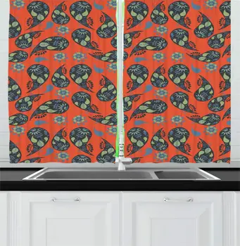 

Burnt Sienna Multicolor Paisley Kitchen Curtains Ethnic Leaf Floral Oriental Middle Eastern Blossoms Folk Cultural Art Window