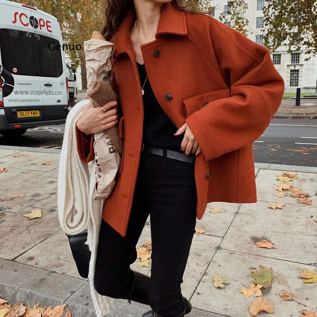 Abrigo de lana de caramelo negro cálido para mujer, chaquetas y abrigos con solapa Vintage de un solo pecho, bolsillo suelto, Invierno|Lana y - AliExpress