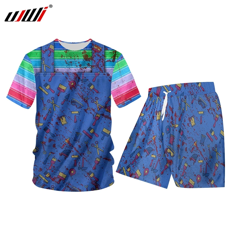 UJWI Summer 2 Piece Set Black Rainbow denim fake two pieces Short Sleeve Print Tank Tops Shorts Mens Sets Gym Sleeveless Hoodie | Мужская