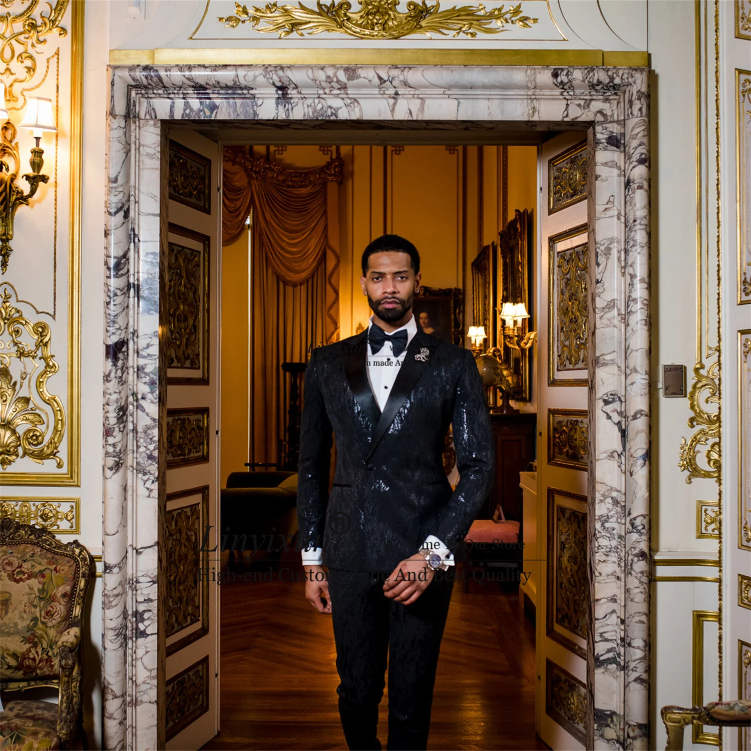 Shinny Sequin Black Mens Suits For Wedding 2 Pieces Set Customized Groom Tuxedos Slim Fit Male Prom Blazer Terno Masculino 3