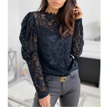 

Fashion Women Lace Blouse Black Long Sleeve Semi-Sheer Lace Top