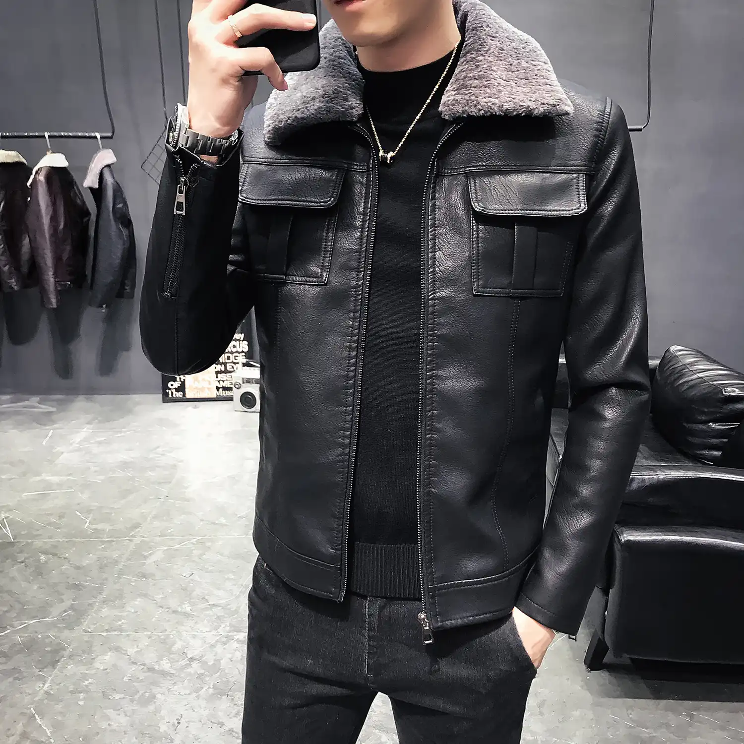 moda masculina jaqueta de couro