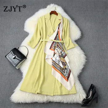 

Elegant Lady Autumn Women 2020 Fashion Runway Designer Three Quarter Sleeve Notched Collar Blazer Dress With Removable Scarf