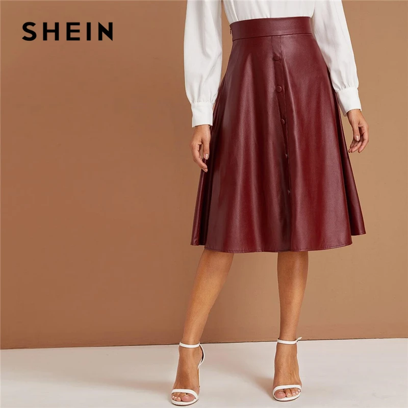 SHEIN элегантные бордовые юбки из искусственной кожи на пуговицах, женские осенние офисные юбки с высокой талией, расклешенная юбка миди из искусственной кожи