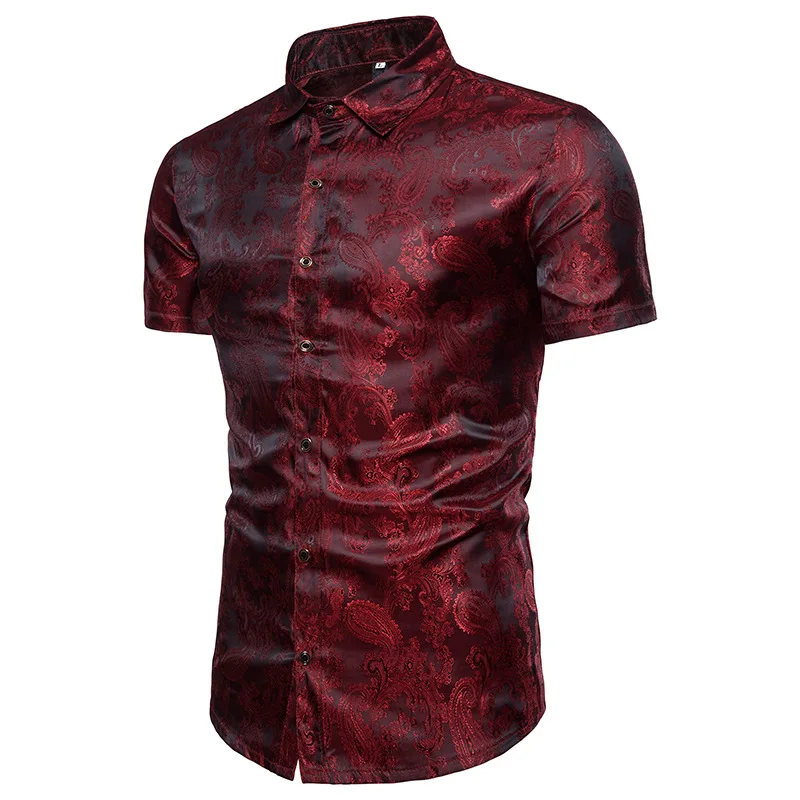 Мужская хипстерская шелковая атласная рубашка, мужские рубашки-смокинги с цветочным принтом пейсли, мужская приталенная рубашка с длинным рукавом для ночного клуба - Цвет: Wine Red