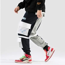 April MOMO брюки в стиле Харадзюку джоггеры Kanji уличная Мужская хип-хоп брюки карго мульти карманы цвет блок лоскутное пот брюки