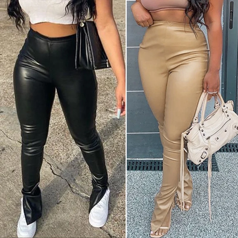 Pantalones elásticos de cuero sintético para mujer, Pantalón elástico, Sexy, con abertura lateral, apilamiento, piel sintética, adelgazante, transpirable