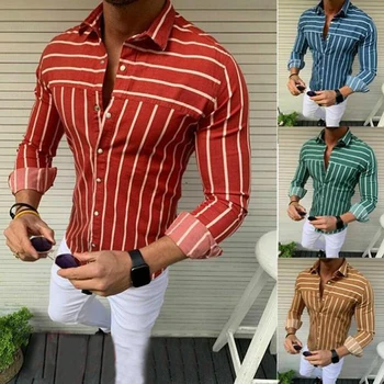 

Men Casual Shirts 2019 Autumn New Fashion Striped Man Long Sleeve Cotton Slim Fit Casual Business Button Shirt Tops