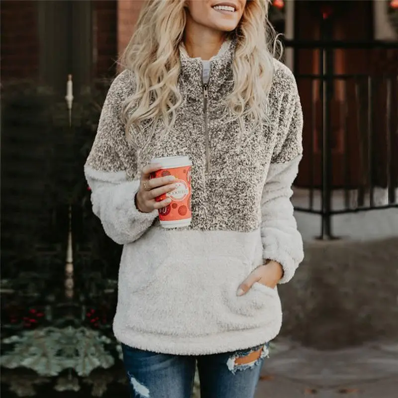 

Womens Winter Warm Zip Sweater Long Sleeve Fleece Pullover Outwear Coat Pockets Plush Loose Cotton Soft Female Coat Jacket