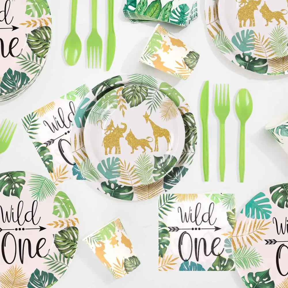 QIFU-vajilla con diseño de animales de la selva decoración para fiesta de cumpleaños, suministros para fiesta de jungla, Safari, decoración para temática de fiesta