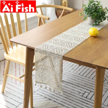 

European Retro Beige Crochet Table Flag Court lace hand Hollow Tassel Lace Placemat Tableside Table Home Decoration M180-5