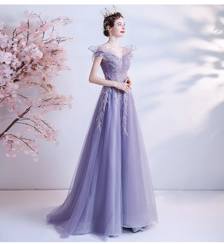 Shining Long purple sweat fairy lady girl women princess prom banquet party performance singing dress gown free ship green prom dress