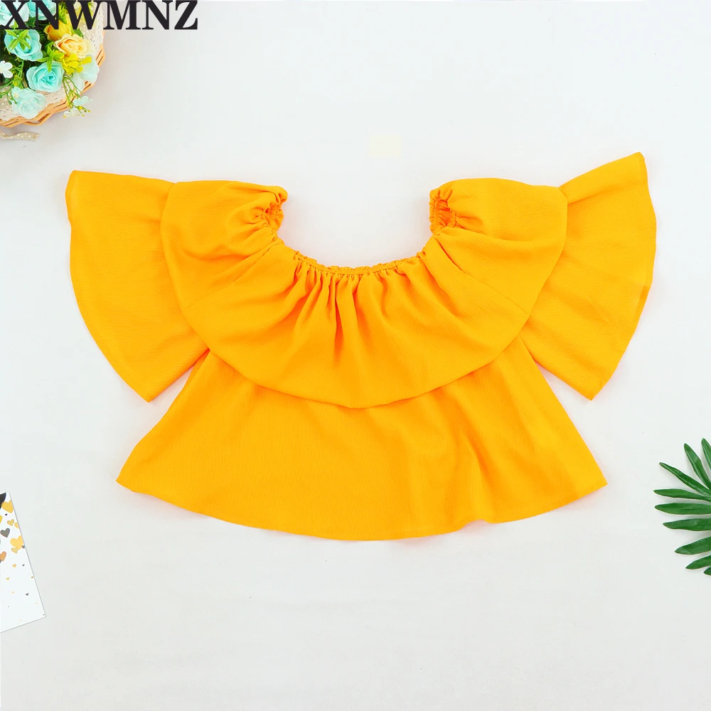

XNWM Za 2020 Cropped Ruffle Top Women Sleeveless Wide Neck Summer Shirt Casual Streetwear Yellow Blouse Chic Short Woman Shirts