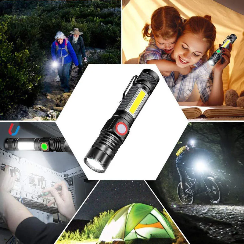 5“ Waterproof Lantern Zoom Portable XML T6 COB Flashlight Rechargeable USB LED Mini Light Torch Aluminum Built-in 18650 Battery