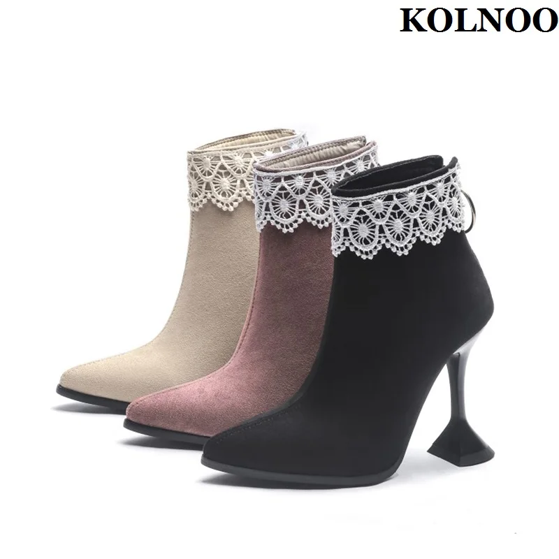

Kolnoo Handmade Large Size 35-47 Women High Heel Boots Kid-Suede Lace-Deco Party Prom Ankle Boots Fashion Daily Winter Shoes