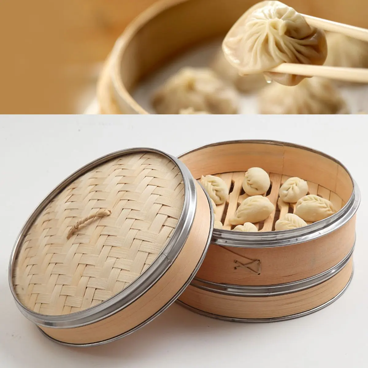 

2 Tier 1 Cover Natural Bamboo Steamer Fish Rice Vegetable Snack Basket Set Kitchen Cooking Tools Dumpling Steamer Steam Pot 25cm