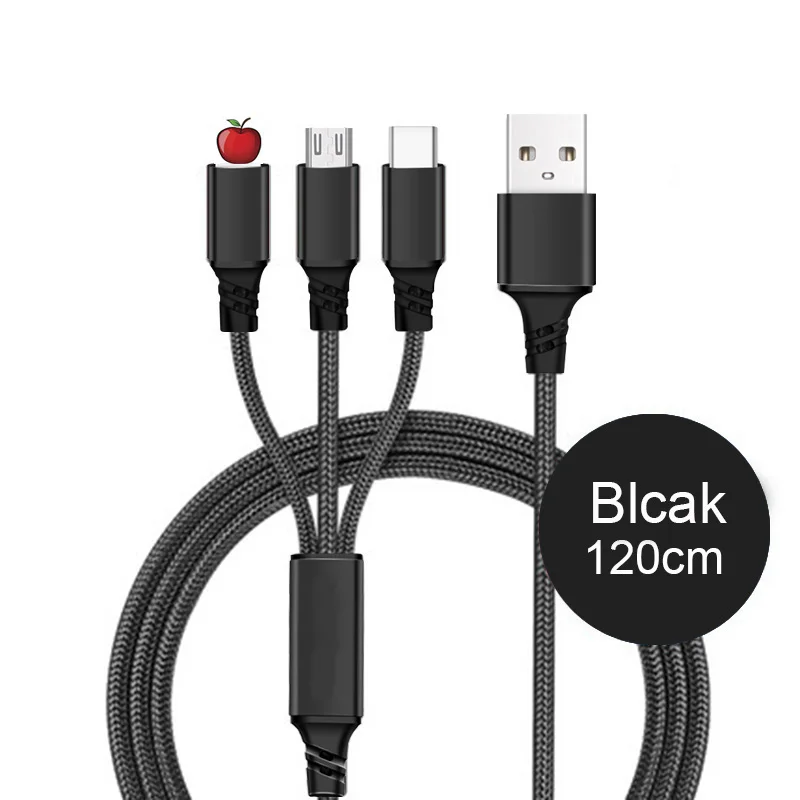 3 в 1 USB кабель 3.0A Быстрая зарядка кабель type-c usb c для iPhone XR 11X8 7 кабель освещения для Redmi Note 8 Pro samsung S9 10 - Цвет: Black