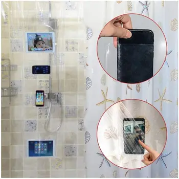 

Waterproof Curtain Plastic PEVA Tablet Hook Bathroom Organizer Pad Shower Curtain Phone Pocket Transparent Bath Shower Curtain