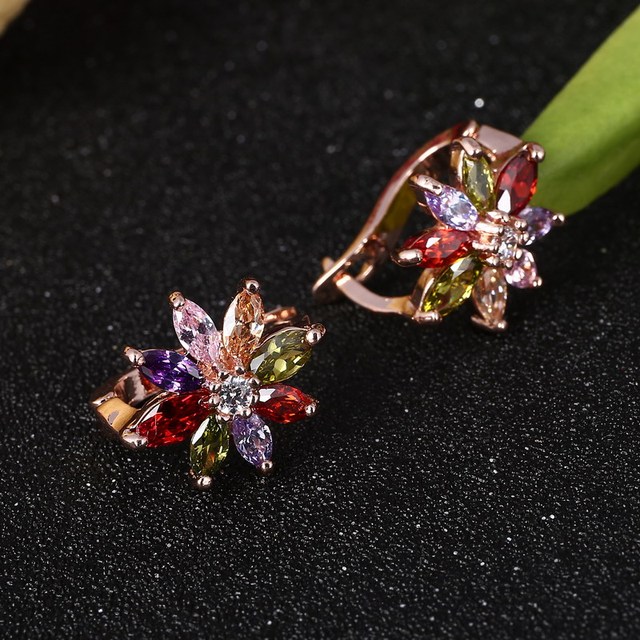 Kolczyki Rose Gold Color Hoop Earrings Flower Colorful Crystal Zirconia Stone Earrings For Women Jewelry Brincos