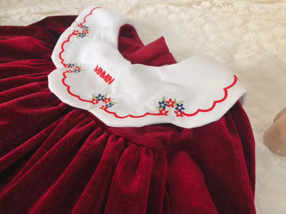 Платье для малышей; красные бархатные милые платья с длинными рукавами и вышитым цветочным воротником для маленьких девочек