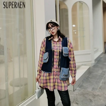 

SuperAen Europe Fashion Women Two Pieces Shirts Spring and Autumn New 2020 Wild Ladies Louses and Tops Plaid Long-sleeved