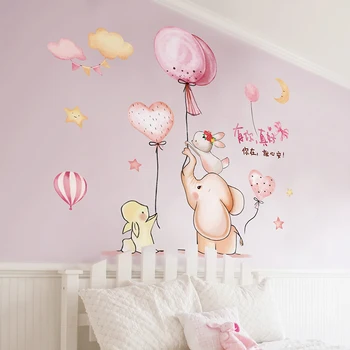 

[shijuekongjian] Cartoon Balloons Wall Stickers DIY Rabbits Elephant Animals Wall Decals for Kids Room Nursery House Decoration