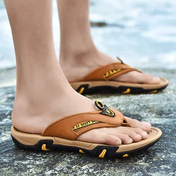

Fashion Summer Genuine Leather Men Beach Sandals Brand Men Casual Shoes Flip Flops Men Slippers comfortable Shoes Big size 38-45