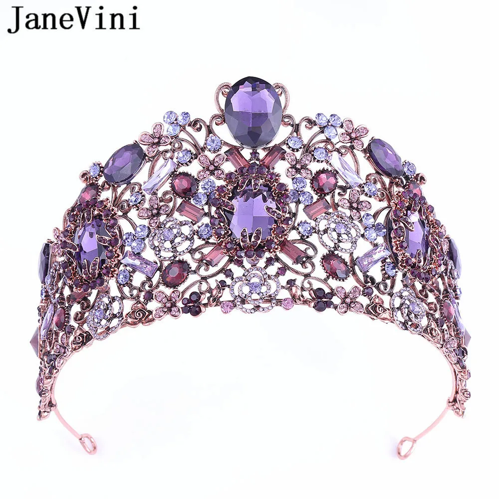 

JaneVini Retro Baroque Women Headband Purple Jewelry Red Crystal Beaded Bridal Hairband Metal Pageant Wedding Tiaras and Crowns